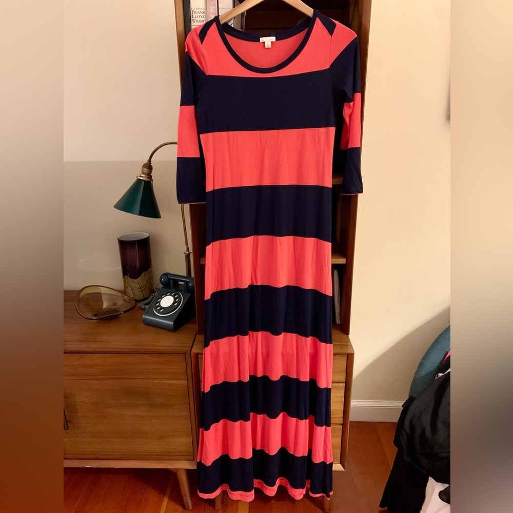 Gap 3/4 Sleeve Navy/Orange Striped Maxi Dress Size M
